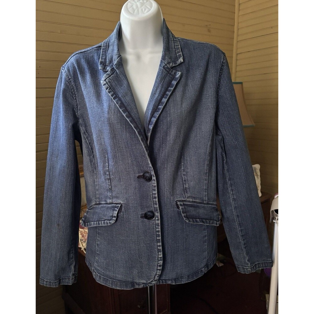 Vintage Jean Jacket St. John's Bay Blazer Style Fitted Denim Blue Woman's Size L